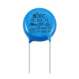 Jec CT7 Safety Capacitor 470pF 250VAC Y1 CT7-471-Y1 – Ceramic Disc - a blue ceramic disc capacitor with two metal leads and text printed on the face including "JD 82K Y1" and "400V".