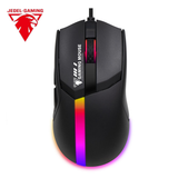 Jedel GM1401 7d RGB Gaming Mouse 12400 Dpi 12 Lighting Effects - a black ergonomic wired mouse with a central RGB light strip, a scroll wheel, and the Jedel-Gaming logo on the top.