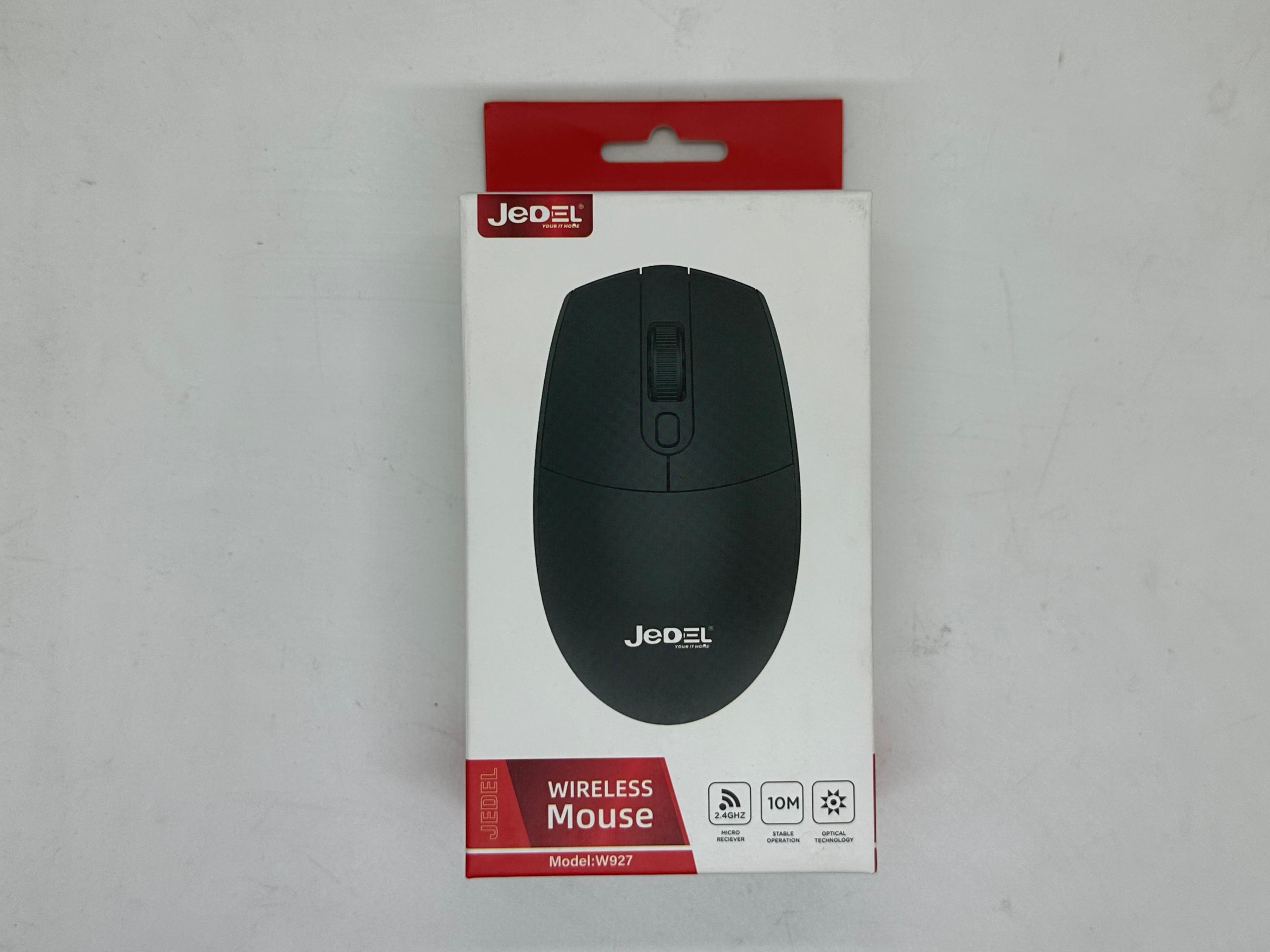 Jedel W927 2.4GHz Wireless Mouse – Optical, Nano Receiver, 10M Range - a white box with a black wireless mouse graphic, branding, and technical icons on the front.