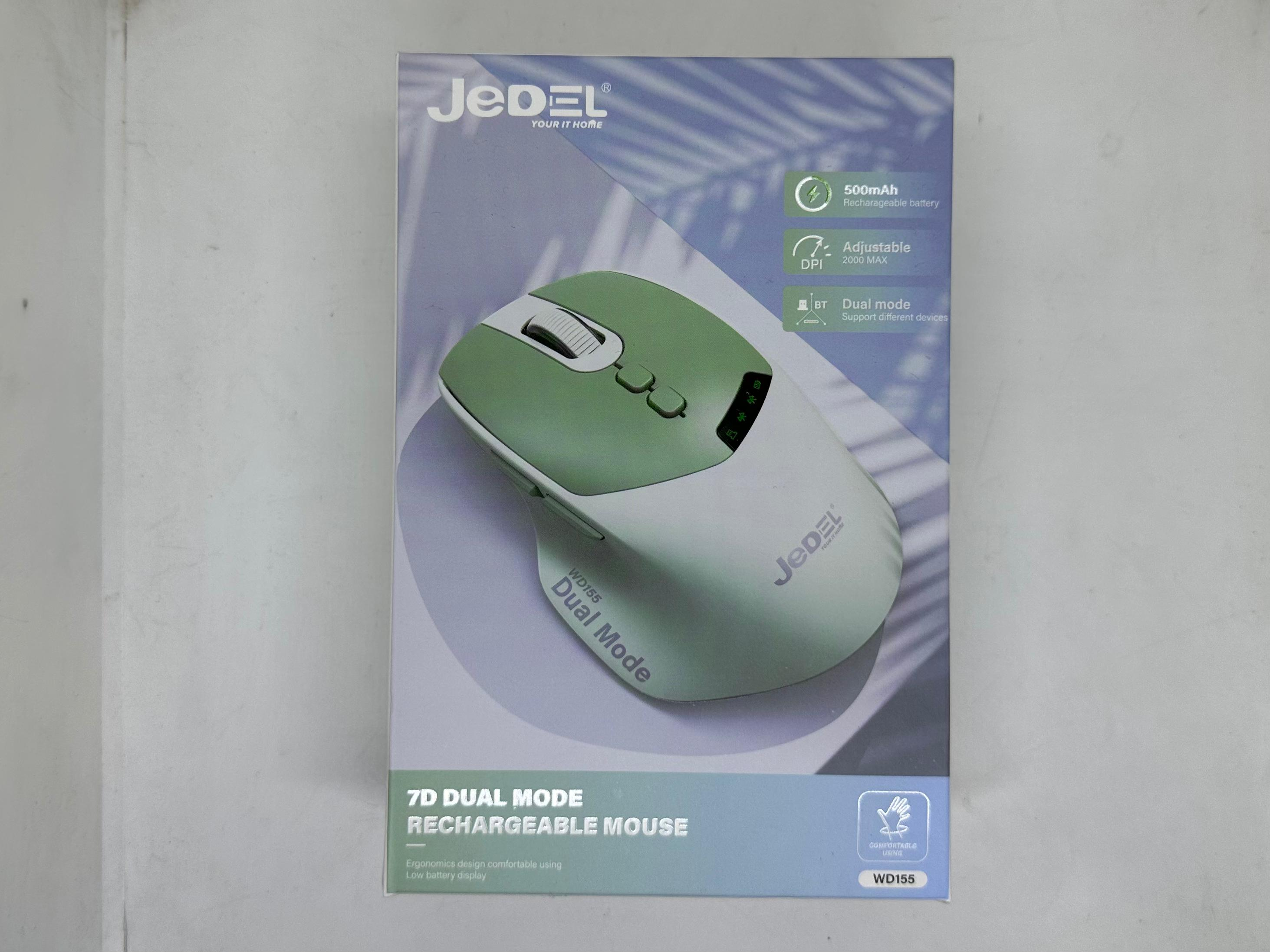 Jedel WD155 7d Dual Mode Rechargeable Wireless Mouse – 6000 Dpi - a green and white wireless mouse with a scroll wheel and indicator lights.
