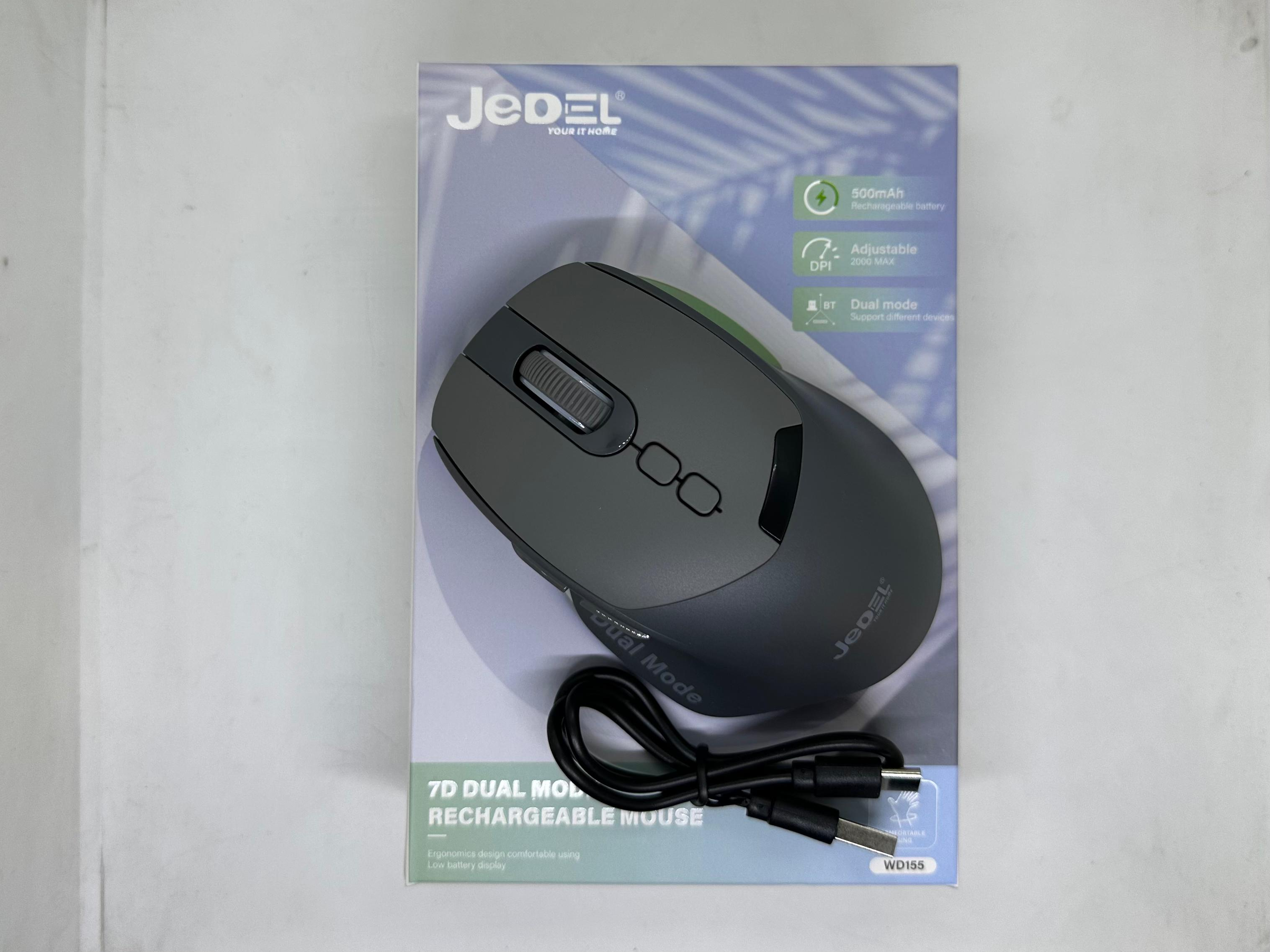 Jedel WD155 7d Dual Mode Rechargeable Wireless Mouse – 6000 Dpi - shown on its product box with a black USB charging cable in the foreground.
