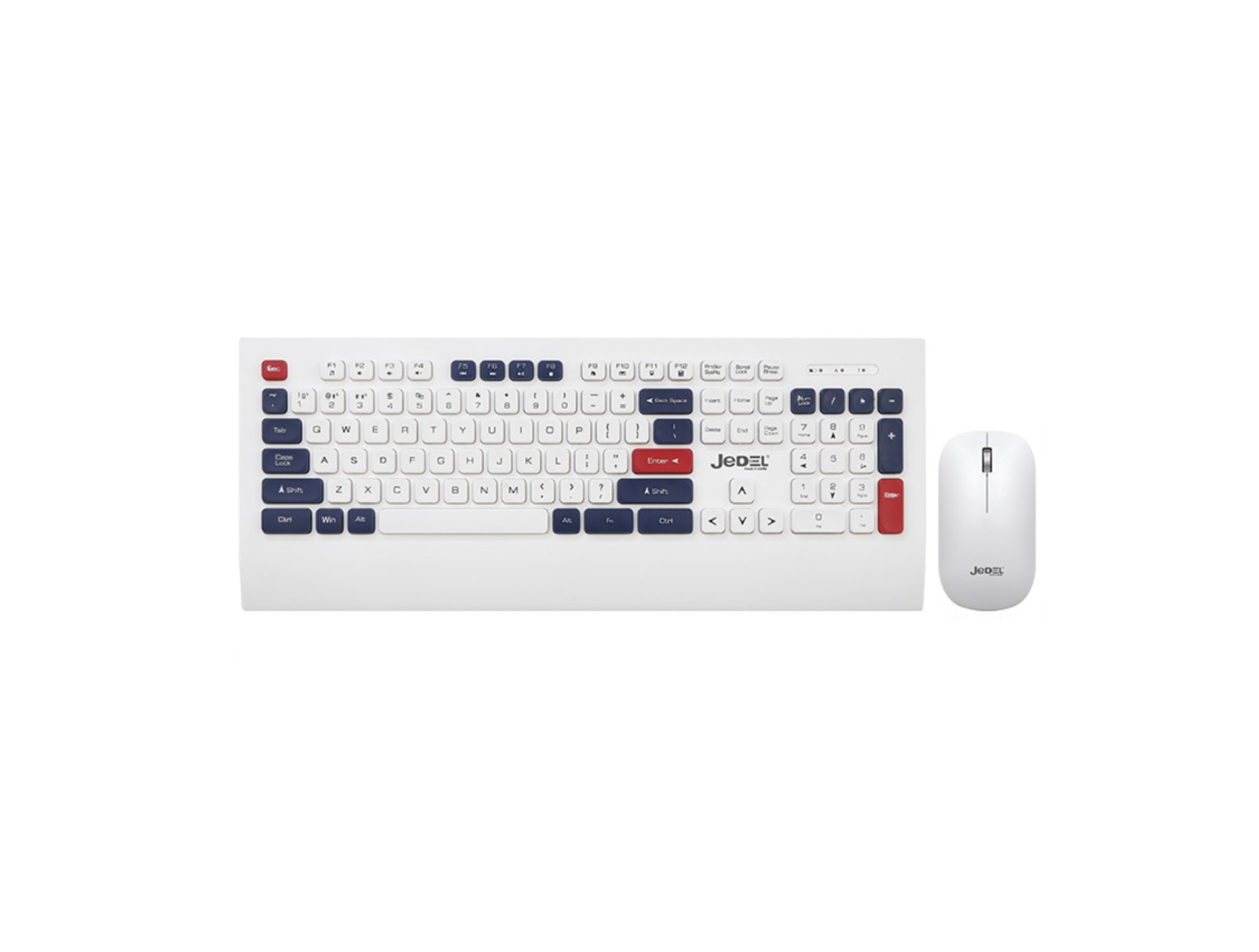 Jedel WS671 Wireless Keyboard And Mouse Combo - a white keyboard with blue and red keys and a matching white wireless mouse.