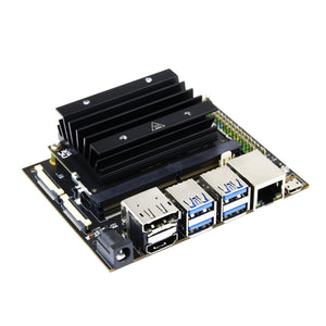 Jetson Nano 4GB B01 Developer Kit - a black heatsink mounted on a circuit board with USB ports, an Ethernet port, and a power jack.