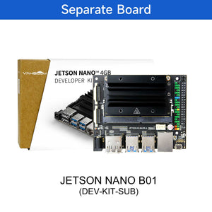 Jetson Nano 4GB B01 Developer Kit - shown with its black circuit board, heatsink, USB ports, and GPIO pins alongside its cardboard product packaging.