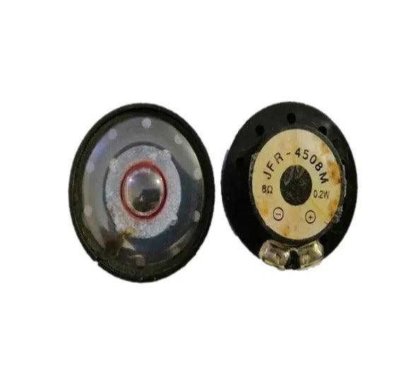 JFR-4508M 8Ω 0.2W Mini Speaker - shown from the front and back, featuring a circular black frame, a silver center cone, and two metal solder terminals.