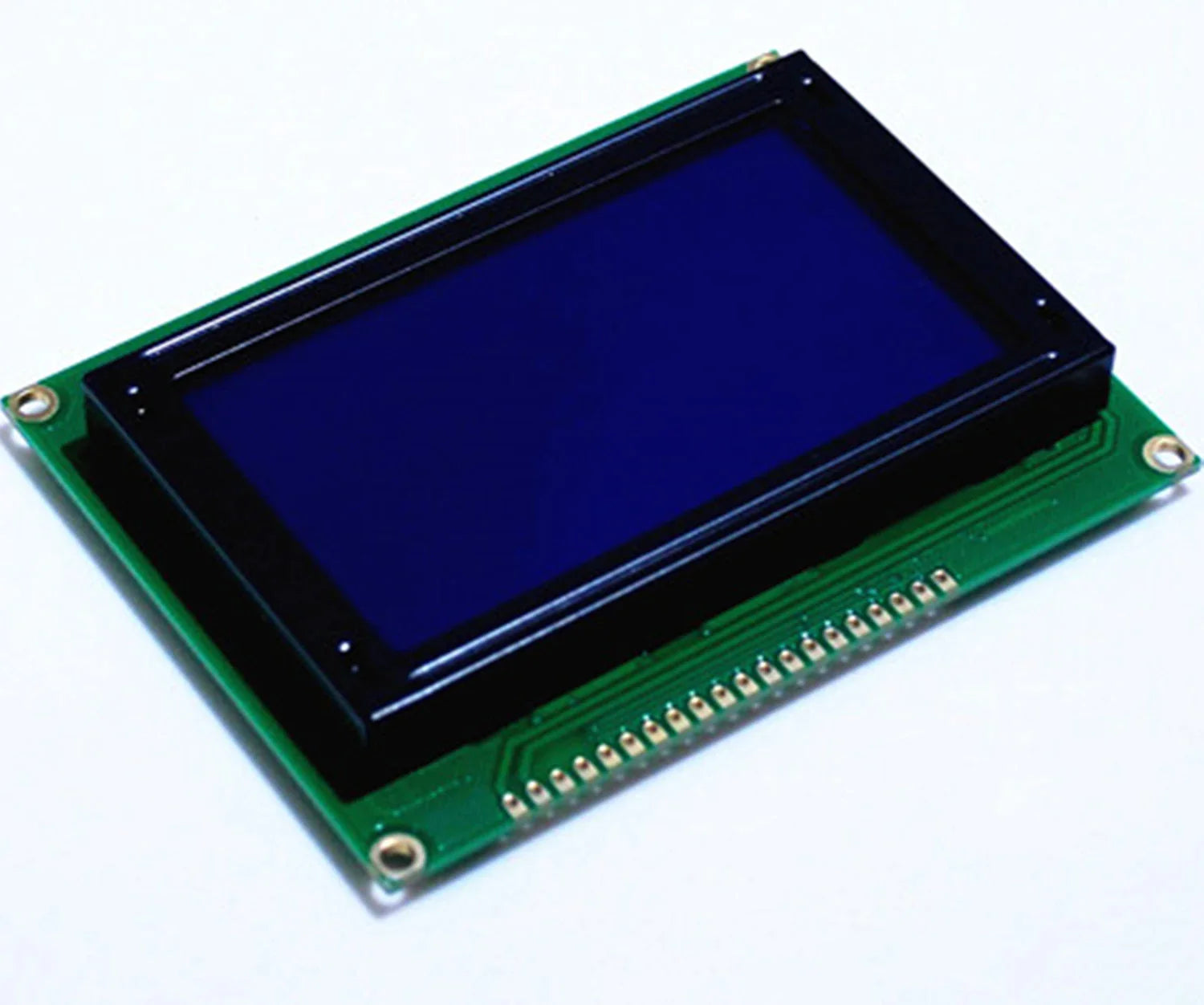 JHD12864E Blue Color 128 By 64 Graphical LCD - a rectangular module with a blue screen mounted on a green circuit board featuring a row of pins.