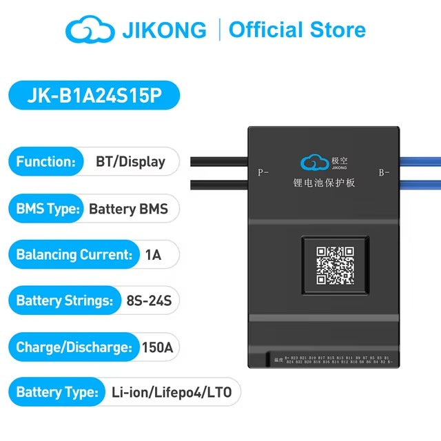 Jikong BMS JK-B1A20S15P JK-B1A24S15P 8s/24S 150A Li-ion LiFePO4 Lto Batteries BMS Smart Active BMS - a black rectangular battery management system module with a QR code, P- and B- ports, and printed pin labels.