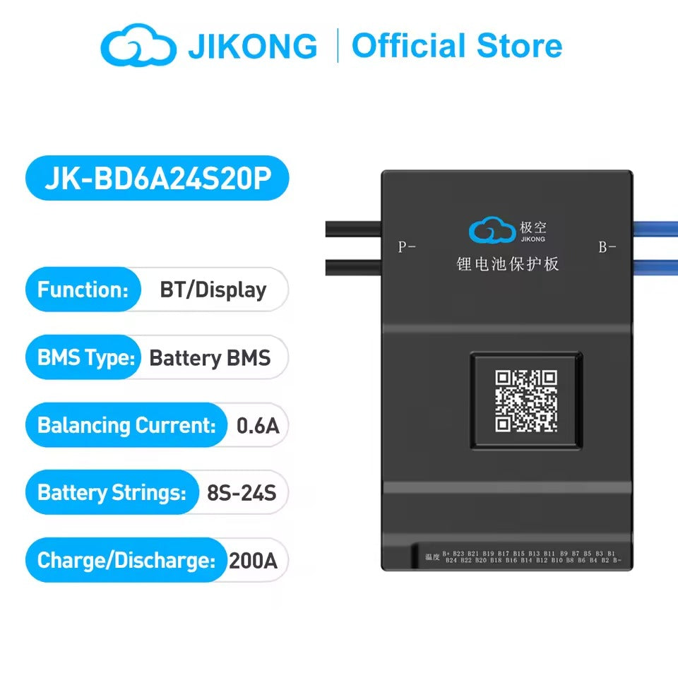 Jikong BMS JK-BD6A24S20P JK-BD6A24S20P 8S24S 200A Continuous Current 0.6A Li-ion LiFePO4 Lto Batteries BMS Smart Active Balance BMS - shown as a black rectangular module with P- and B- cable ports, a QR code, and a text list of battery string connections.