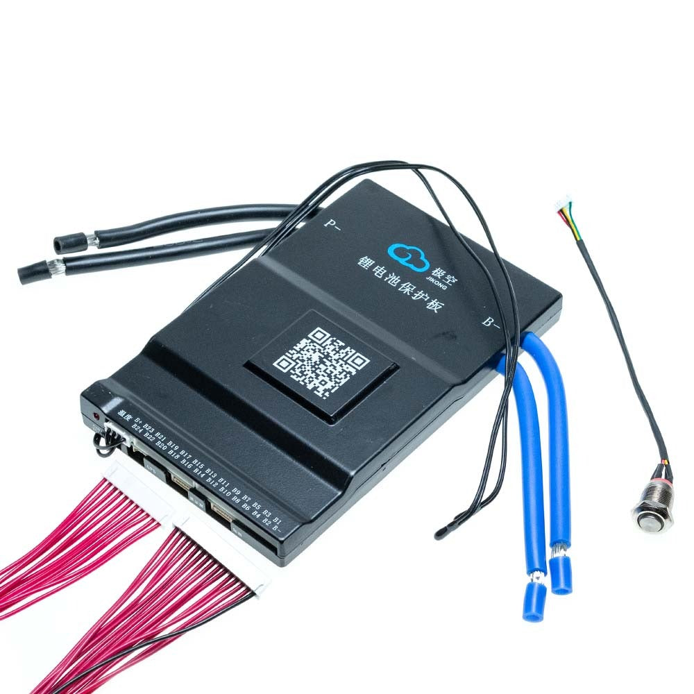 Jikong BMS JK-BD6A24S20P JK-BD6A24S20P 8S24S 200A Continuous Current 0.6A Li-ion LiFePO4 Lto Batteries BMS Smart Active Balance BMS - black rectangular battery management system with a QR code, multiple red wire connectors, blue power cables, and a push button.