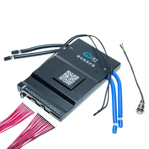 Jikong BMS JK-BD6A24S20P JK-BD6A24S20P 8S24S 200A Continuous Current 0.6A Li-ion LiFePO4 Lto Batteries BMS Smart Active Balance BMS - black rectangular battery management system with a QR code, multiple red wire connectors, blue power cables, and a push button.