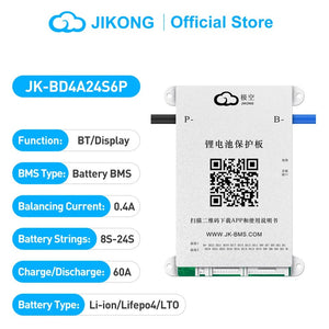 Jikong JK-BD4A24S6P Smart BMS 8s 16S 24S 60A Li-ion LiFePO4 Lto BMS 18650 Batteries BMS Smart Battery Management System UPS - a white rectangular module with a QR code, two wire ports, and text labels for battery strings, balancing current, and ratings.