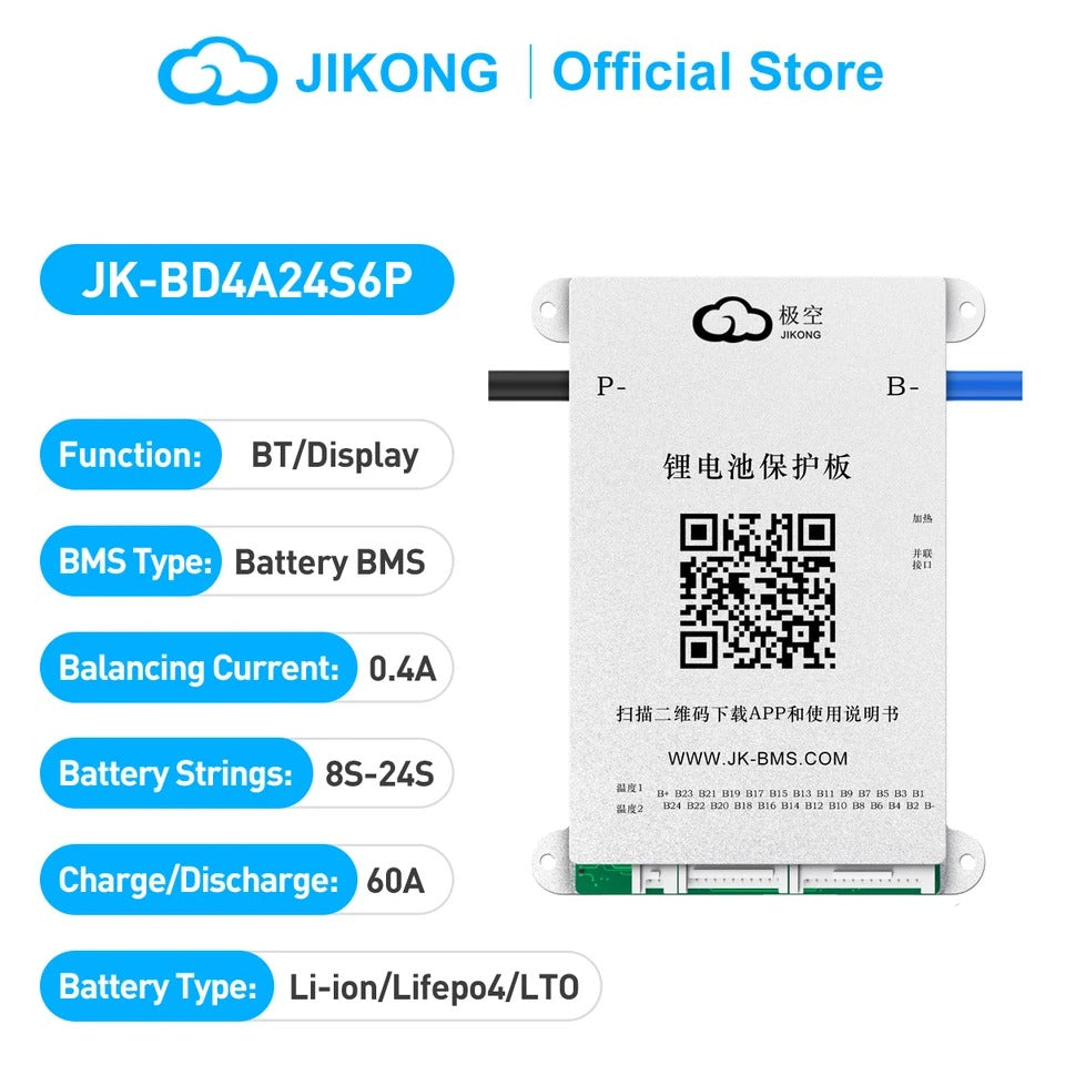 Jikong JK-BD4A24S6P Smart BMS 8s 16S 24S 60A Li-ion LiFePO4 Lto BMS 18650 Batteries BMS Smart Battery Management System UPS - a white rectangular module with a QR code, two wire ports, and text labels for battery strings, balancing current, and ratings.