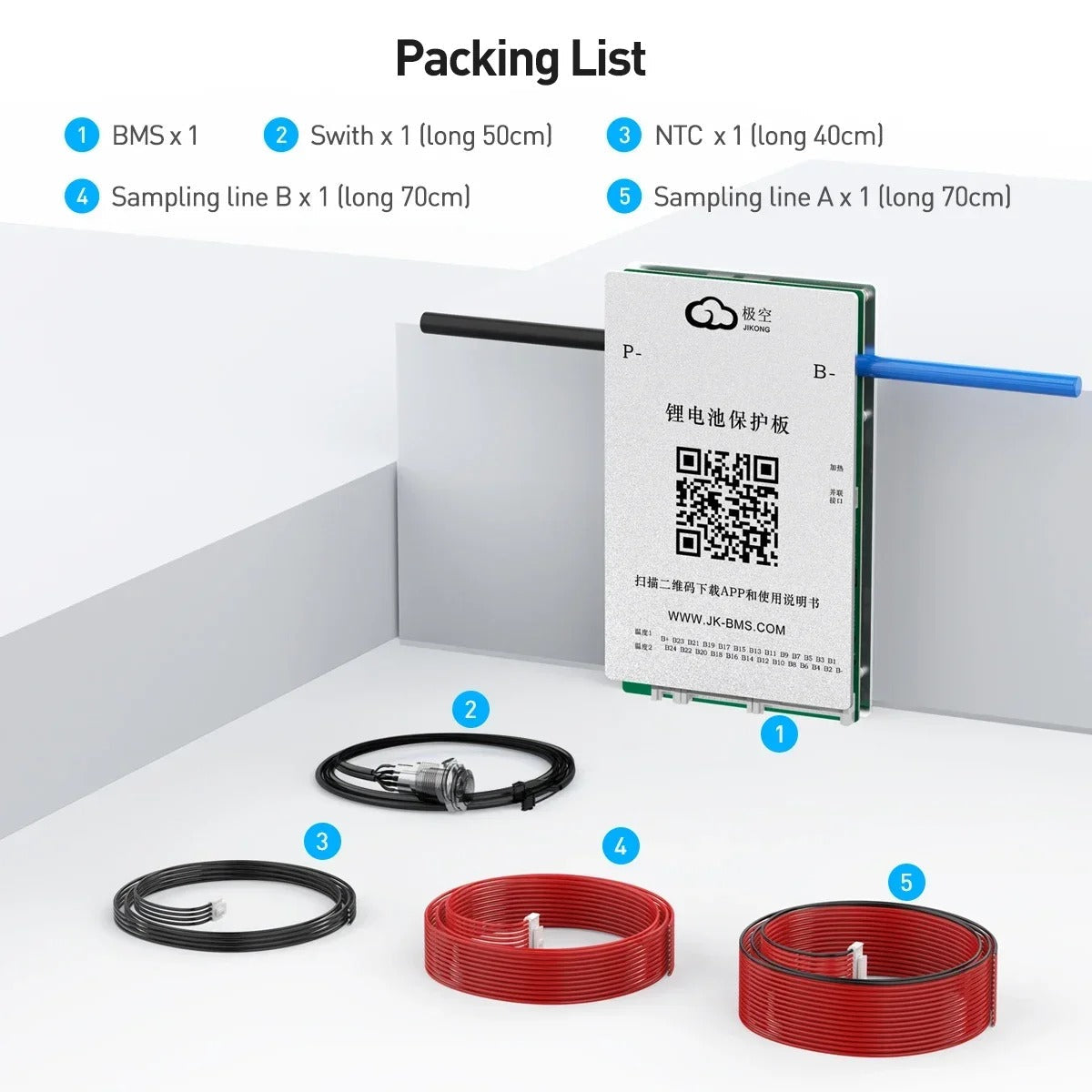 Jikong JK-BD4A24S6P Smart BMS 8s 16S 24S 60A Li-ion LiFePO4 Lto BMS 18650 Batteries BMS Smart Battery Management System UPS - shown with its packing list, including the BMS unit, a switch, an NTC sensor, and two red sampling wire bundles.