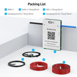 Jikong JK-BD4A24S6P Smart BMS 8s 16S 24S 60A Li-ion LiFePO4 Lto BMS 18650 Batteries BMS Smart Battery Management System UPS - shown with its packing list, including the BMS unit, a switch, an NTC sensor, and two red sampling wire bundles.