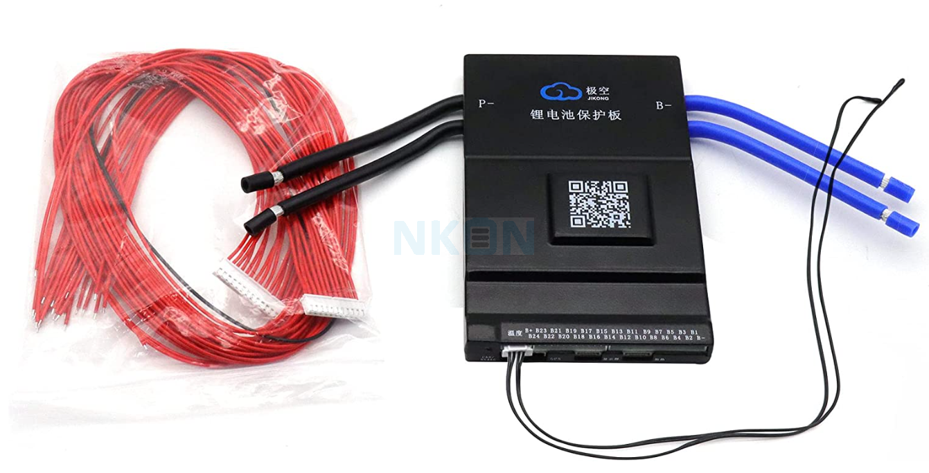 Jikong JK-BD6A24S-10P Jk Smart Active Balance BMS Board 7s-24S 100A 0.6A Balancing Current - with a black rectangular casing, two blue and two black power cables, temperature sensors, and bundled red wiring harnesses.