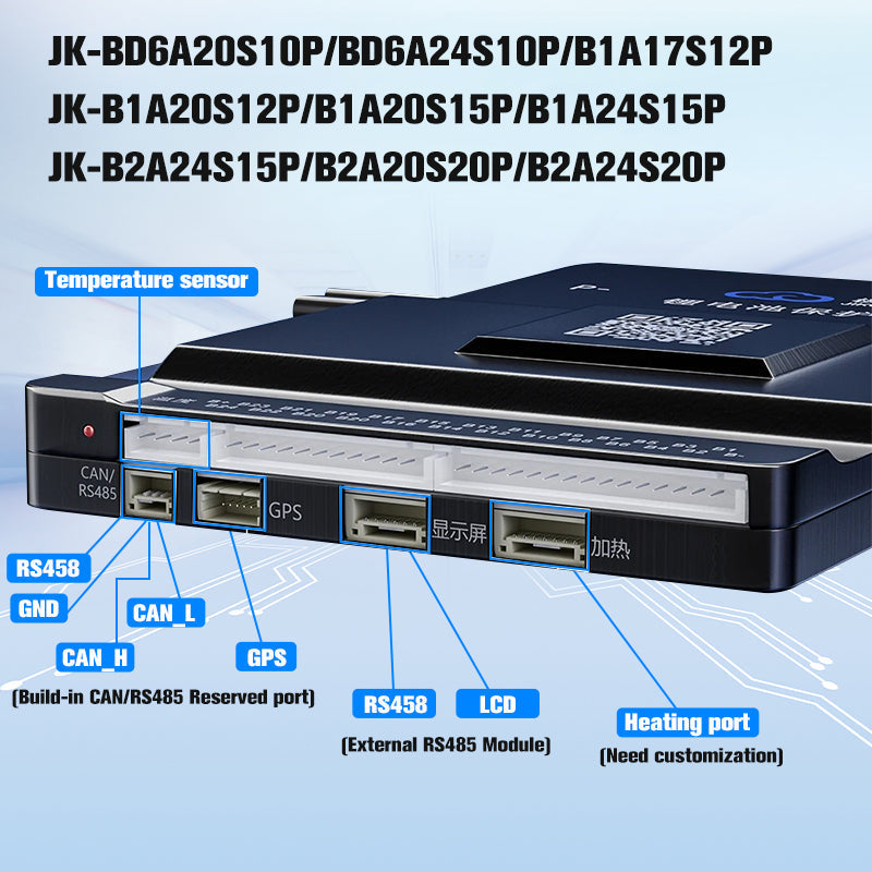Jikong JK-BD6A24S-10P Jk Smart Active Balance BMS Board 7s-24S 100A 0.6A Balancing Current - a black rectangular module with labeled ports for temperature sensors, CAN/RS485, GPS, LCD, and heating.