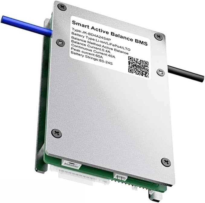 Jk 24S 40A Smart BMS With 400mA - a silver rectangular device with a label, two wires, and white connector ports on the bottom edge.