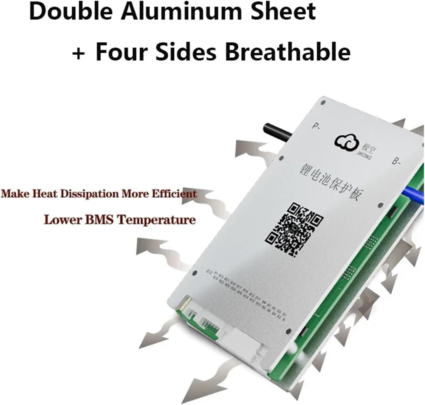 Jk 24S 40A Smart BMS With 400mA - a silver rectangular aluminum heat sink casing with a QR code, P- and B- ports, and arrows indicating airflow.