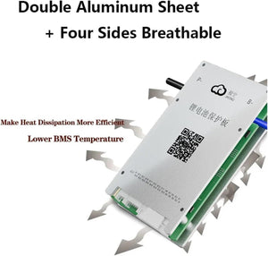 Jk 24S 40A Smart BMS With 400mA - a silver rectangular aluminum heat sink casing with a QR code, P- and B- ports, and arrows indicating airflow.