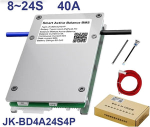 Jk 24S 40A Smart BMS With 400mA - a silver rectangular module with a label, two wires, a switch, a red connector cable, and a cardboard box.