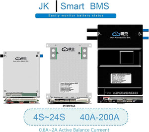 Jk 24S 60A Smart BMS With 400mA - three views of the silver and black battery management system units with visible interface ports, sensor inputs, and labels.