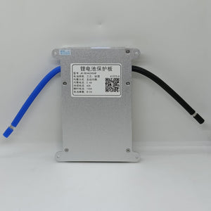 Jk 24S 60A Smart BMS With 400mA - a silver rectangular battery protection board with a central label, a QR code, and two thick wires extending from sides.