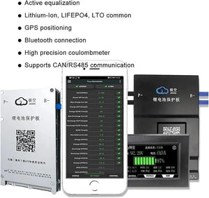 Jk 8s 60A BMS 400mA Active Balancing Smart Battery Management System - two BMS units, a smartphone app interface, and a digital display screen.