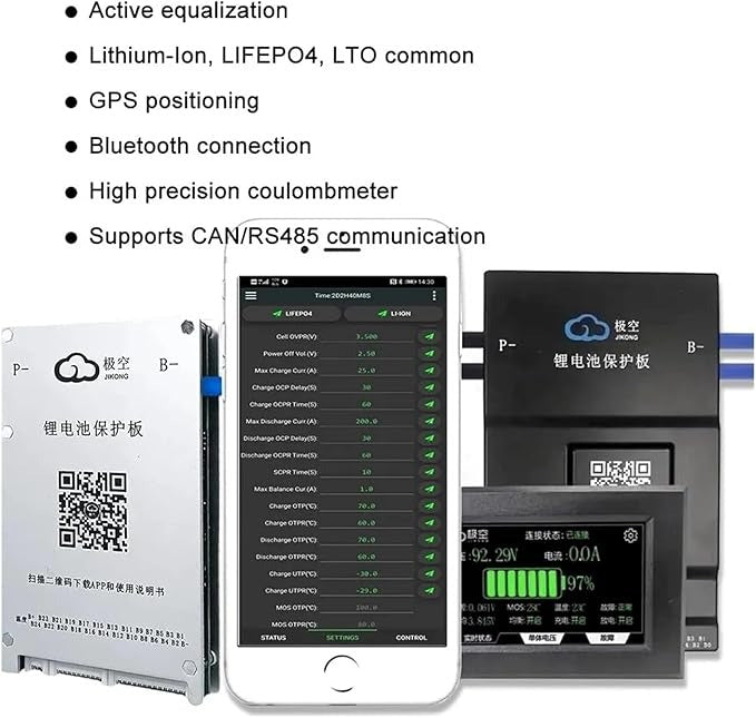 Jk 8s 60A BMS 400mA Active Balancing Smart Battery Management System - two BMS units, a smartphone app interface, and a digital display screen.