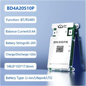 Jk BMS BD4A20S10P, 0.4A Active Balance Smart BMS 8s 12S 13S 16S 17S 20S 100A LiFePO4 Li-ion Lto Battery BMS - a white and green rectangular battery protection board with P- and B- terminals, a QR code, and text listing specifications.
