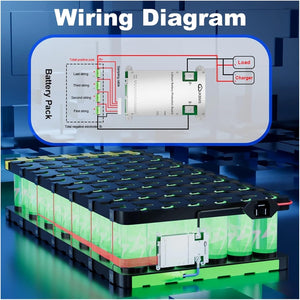Jk BMS BD4A20S10P, 0.4A Active Balance Smart BMS 8s 12S 13S 16S 17S 20S 100A LiFePO4 Li-ion Lto Battery BMS - shown as a silver rectangular module mounted on a large green cylindrical battery pack with an overlaid wiring diagram schematic.