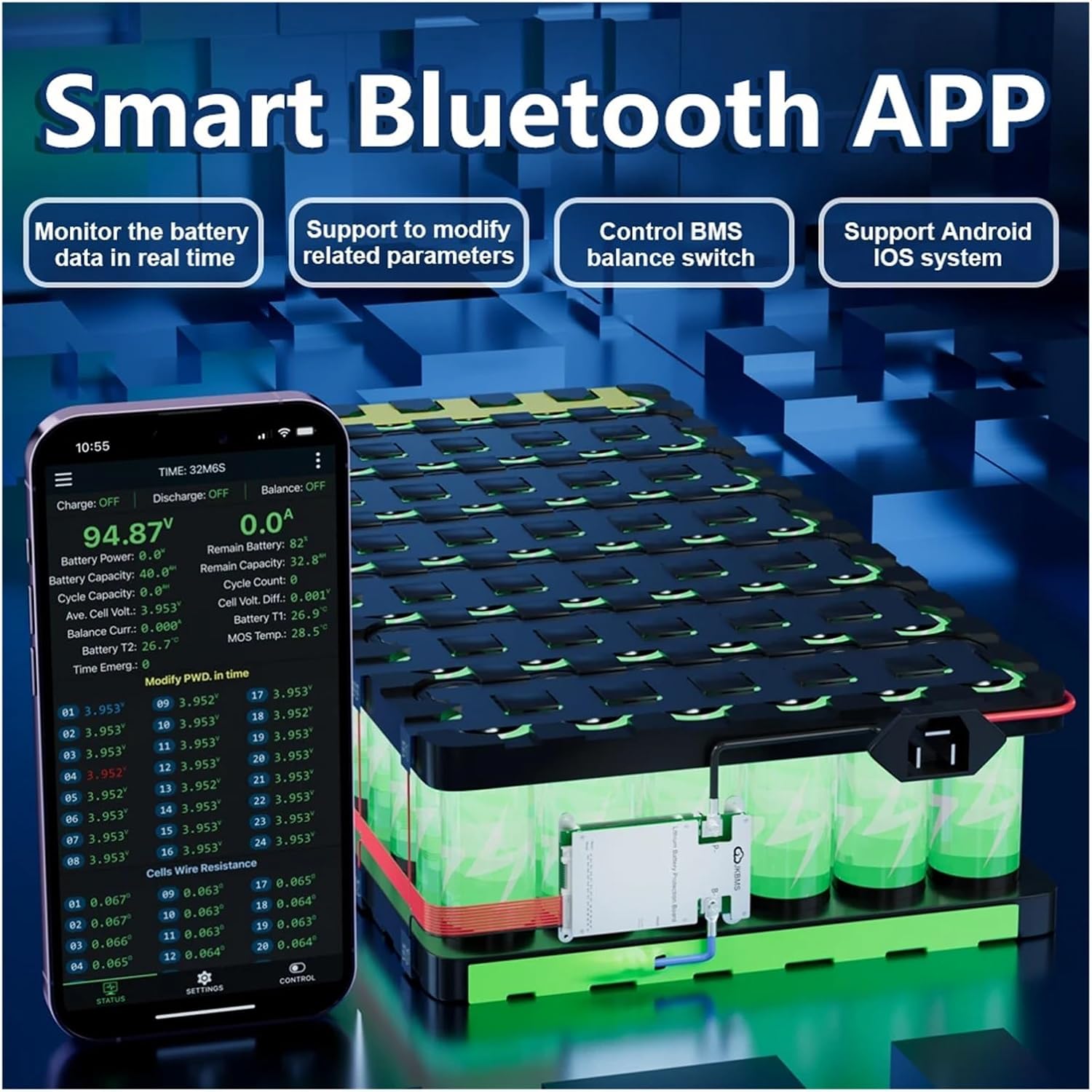 Jk BMS BD4A20S10P, 0.4A Active Balance Smart BMS 8s 12S 13S 16S 17S 20S 100A LiFePO4 Li-ion Lto Battery BMS - shown with a battery pack and a smartphone displaying real-time cell voltage, resistance, and battery status data via a Bluetooth app.