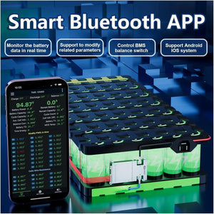 Jk BMS BD4A20S10P, 0.4A Active Balance Smart BMS 8s 12S 13S 16S 17S 20S 100A LiFePO4 Li-ion Lto Battery BMS - shown with a battery pack and a smartphone displaying real-time cell voltage, resistance, and battery status data via a Bluetooth app.