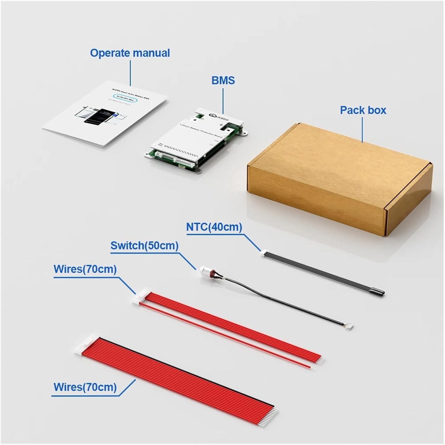 Jk BMS BD4A20S10P, 0.4A Active Balance Smart BMS 8s 12S 13S 16S 17S 20S 100A LiFePO4 Li-ion Lto Battery BMS - shown with its contents: a circuit board, two sets of red wires, a switch, an NTC sensor, an instruction manual, and a cardboard box.