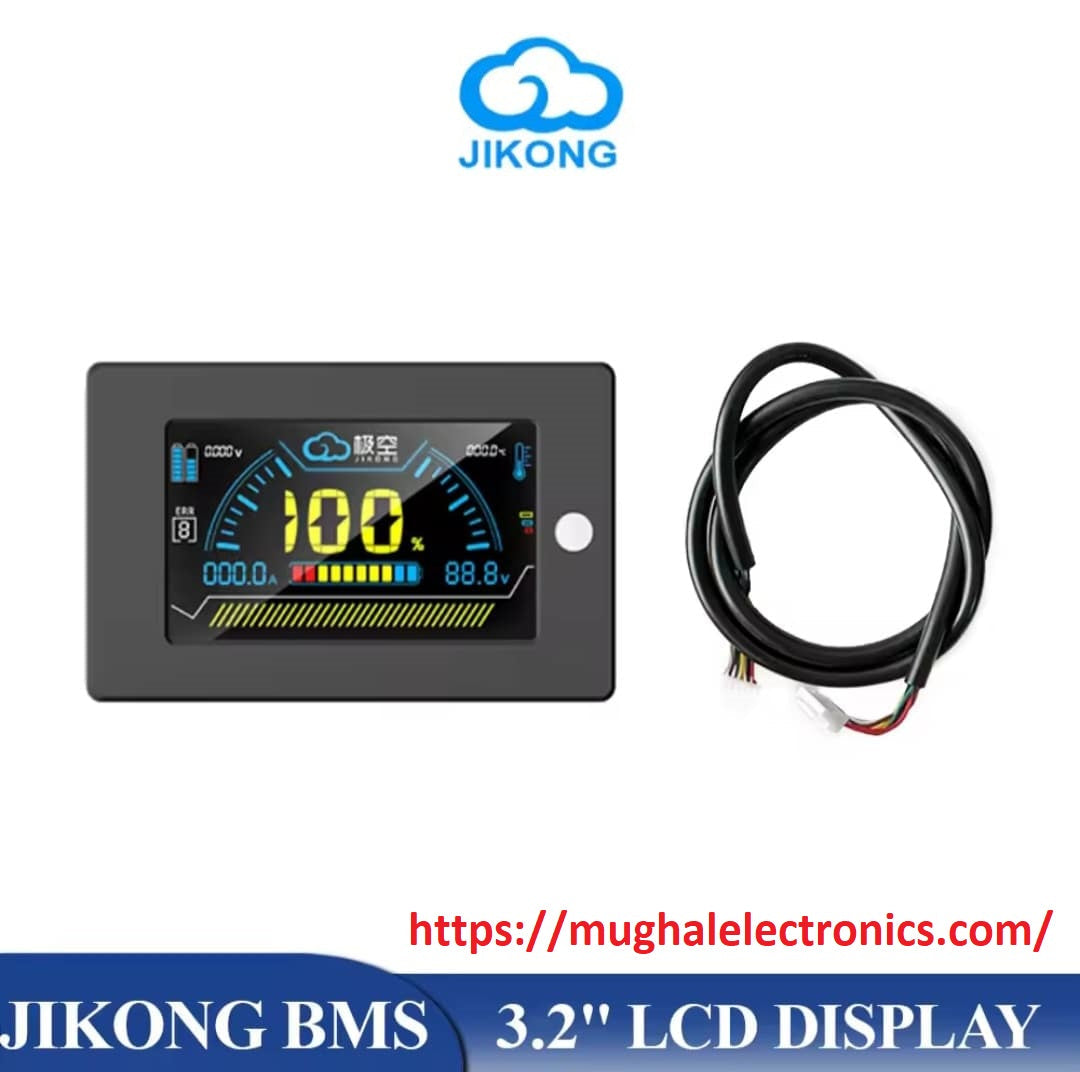 Jk Smart BMS Jikong 3.2 Inch Screen LCD Display Monitor - a 100% battery status screen, alongside a black connection cable with a white multi-pin connector.