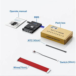 Jk Smart BMS Jk BMS 100A Active Balance JK-BD6A20S10P/12P, 8s 24V 20S Smart BMS 100amp 100Ah For Lithium Battery Protection Module - the black BMS unit, cardboard pack box, operate manual, red wire harness, NTC temperature sensor, and a switch cable.