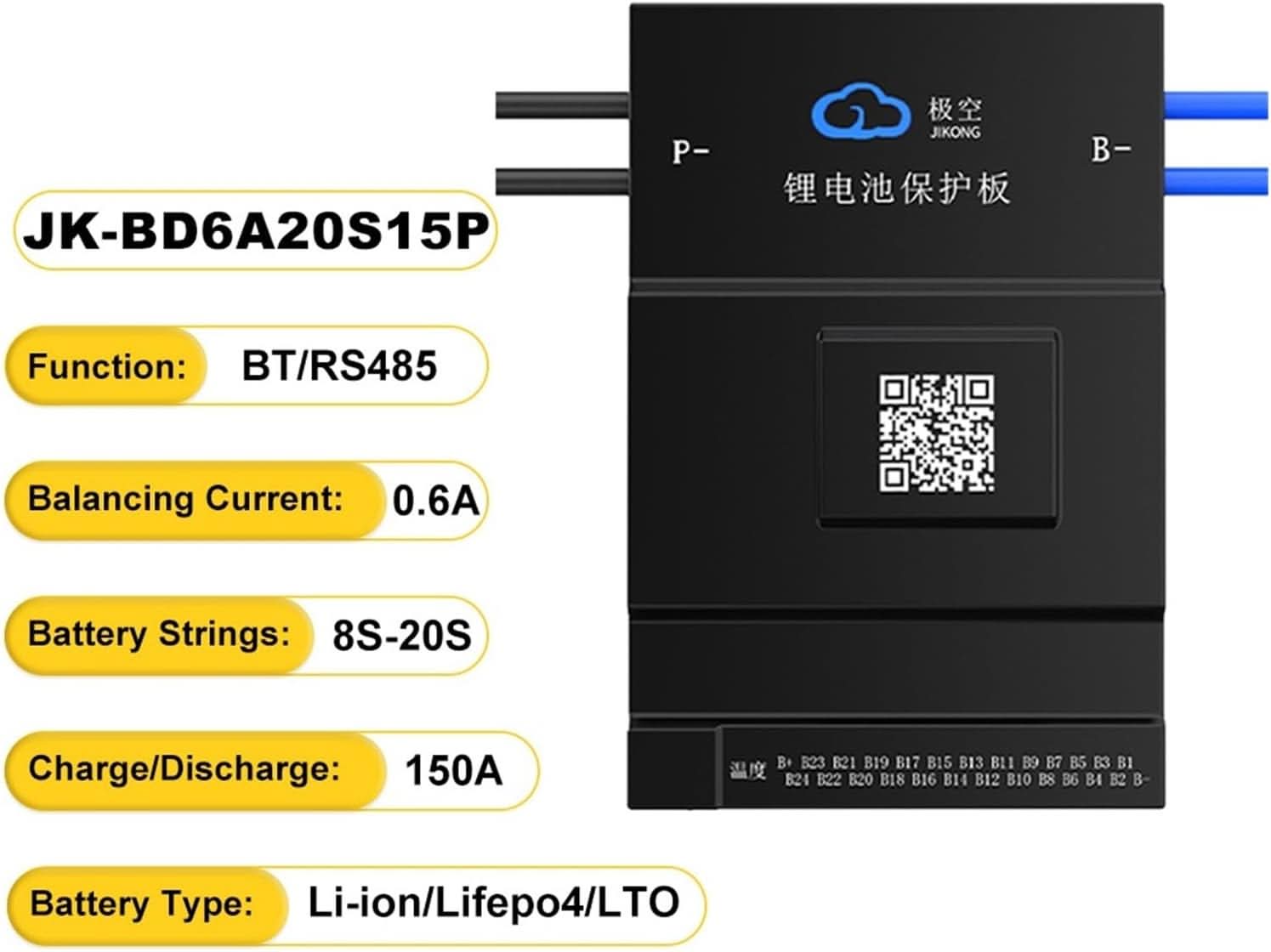 Jk Smart BMS Jk BMS BD6A20S15P / BD6A24S15P Active Balance BMS - a black rectangular battery protection board with P- and B- terminals, a QR code, and text listing specifications and ports.