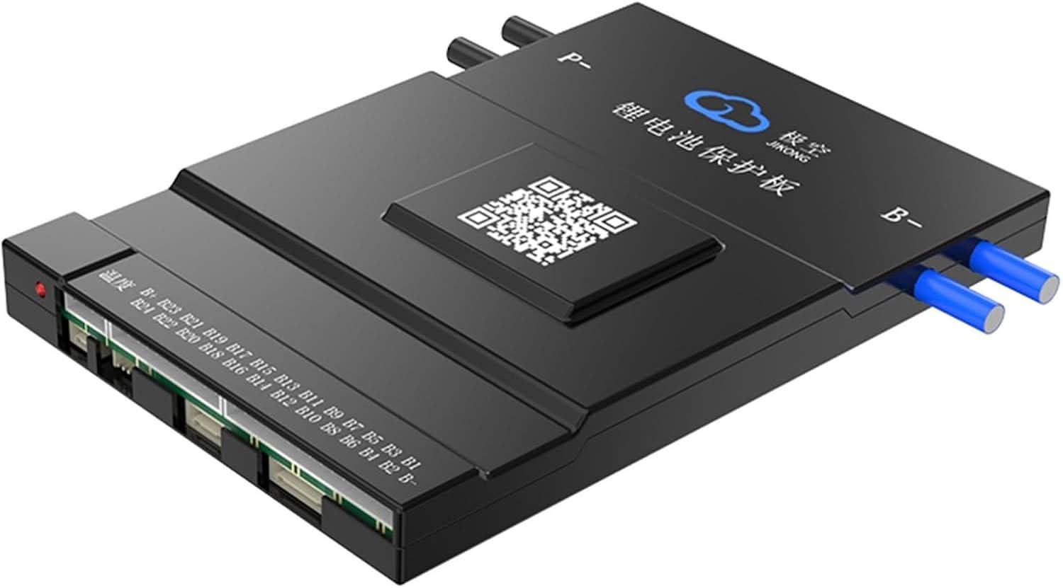 Jk Smart BMS Jk BMS BD6A20S15P / BD6A24S15P Active Balance BMS - a black rectangular battery protection board with a QR code, side ports labeled B- to B24, and two blue power cables.