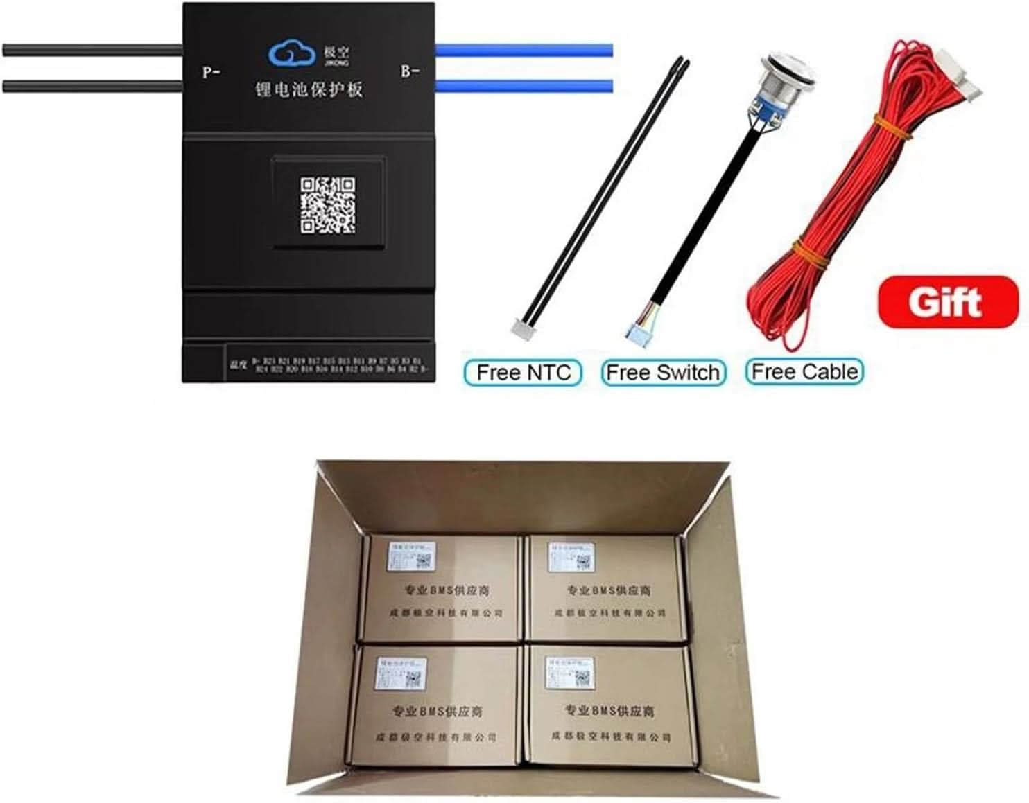 Jk Smart BMS Jk BMS BD6A20S15P / BD6A24S15P Active Balance BMS - a black rectangular control unit with wire leads, an NTC sensor, a push-button switch, a red cable harness, and a box of units.