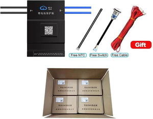 Jk Smart BMS Jk BMS BD6A20S15P / BD6A24S15P Active Balance BMS - a black rectangular control unit with wire leads, an NTC sensor, a push-button switch, a red cable harness, and a box of units.