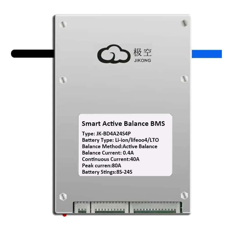 Jk Smart BMS Lfp Li-ion 8s-24S 40A BMS Battery Management System For Li-ion LiFePO4 Battery Pack Balanced Charging Board - a silver rectangular battery management system with a white label detailing technical specifications and bottom connection ports.
