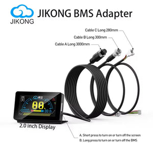 Jkbms 2.5 LCD Power Board Display For Jikong BMS - a black screen with digital readouts, a side button, and three attached cables of varying lengths.