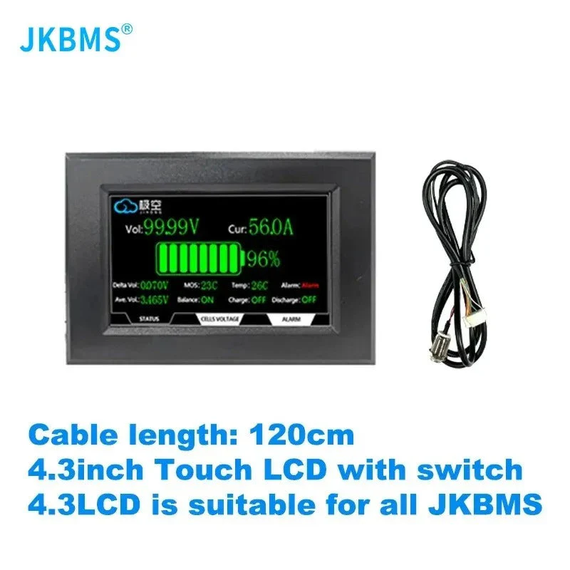 Jkbms 4.3-inch LCD Display Accessory | Compatible With All Jk BMS Models - a black rectangular touch screen displaying battery metrics and a black cable with a white connector.