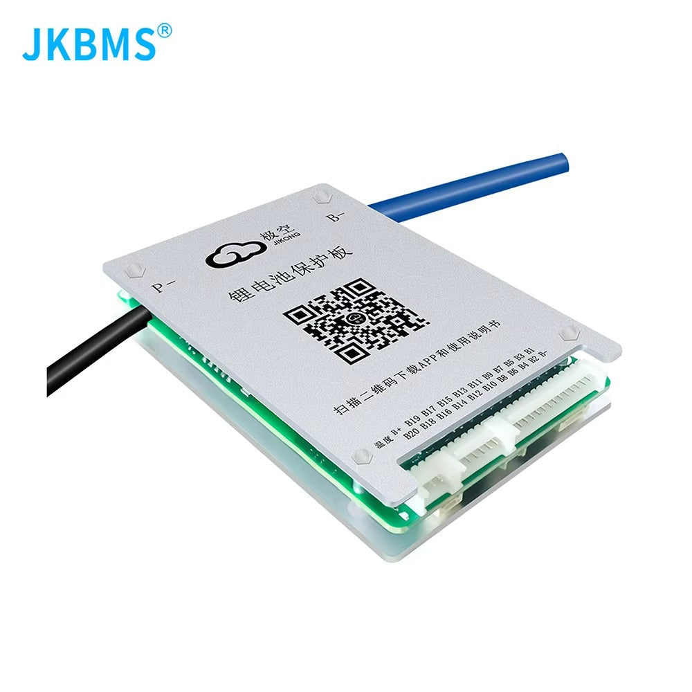 Jkbms BD4A17S4P 7s-17S Active Balance BMS Balance Current 0.4A Continuous Current 40A LiFePO4 Li-ion Lto Battery - a silver rectangular circuit board with a QR code, labeled battery connection ports, and two thick black and blue cables.