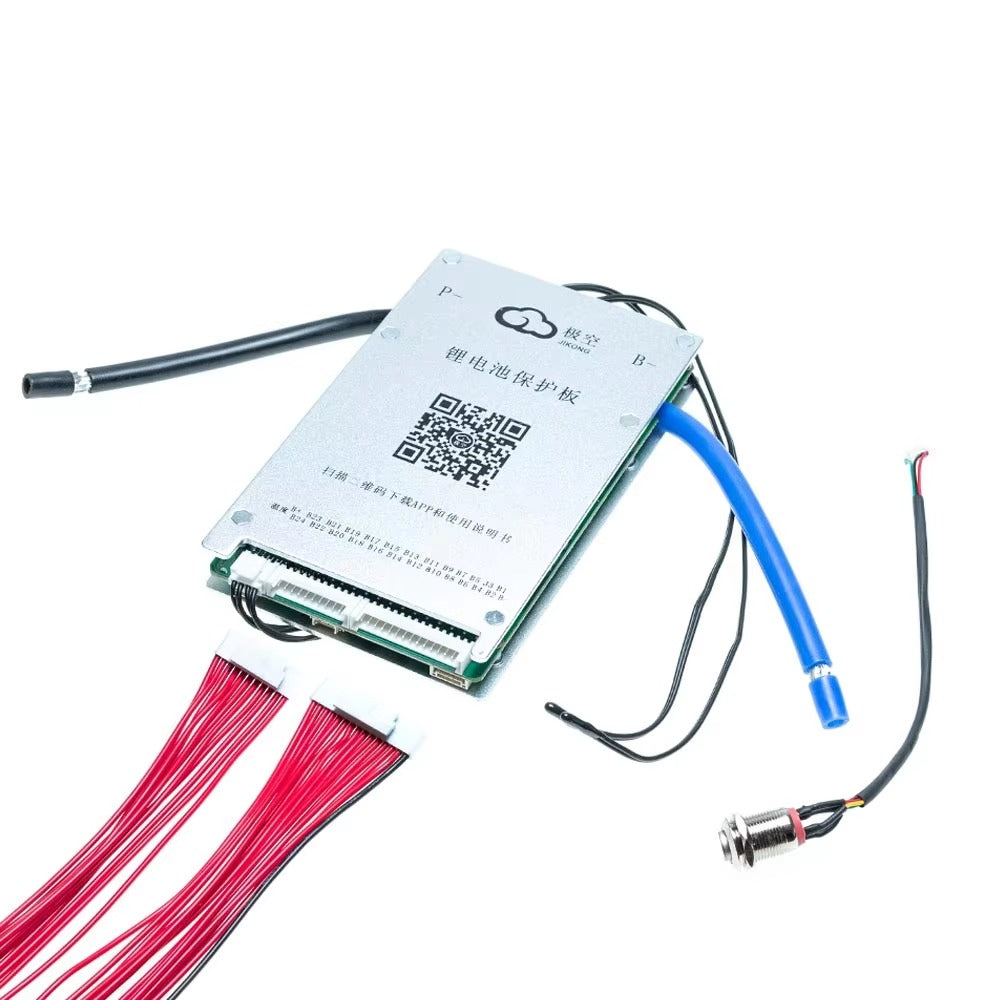 Jkbms BD4A17S4P 7s-17S Active Balance BMS Balance Current 0.4A Continuous Current 40A LiFePO4 Li-ion Lto Battery - with a silver metal casing, red wiring harnesses, a blue cable, black leads, and a small metal push-button switch.
