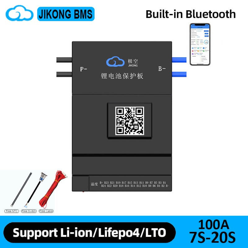 Jkbms BD6A20S10P 7s-20S Active Balance BMS Balance Current 0.6A Continuous Current 100A LiFePO4 Li-ion Lto Battery - a black rectangular unit with a QR code, P- and B- ports, a wiring harness, an NTC sensor, a switch, and a phone screen.