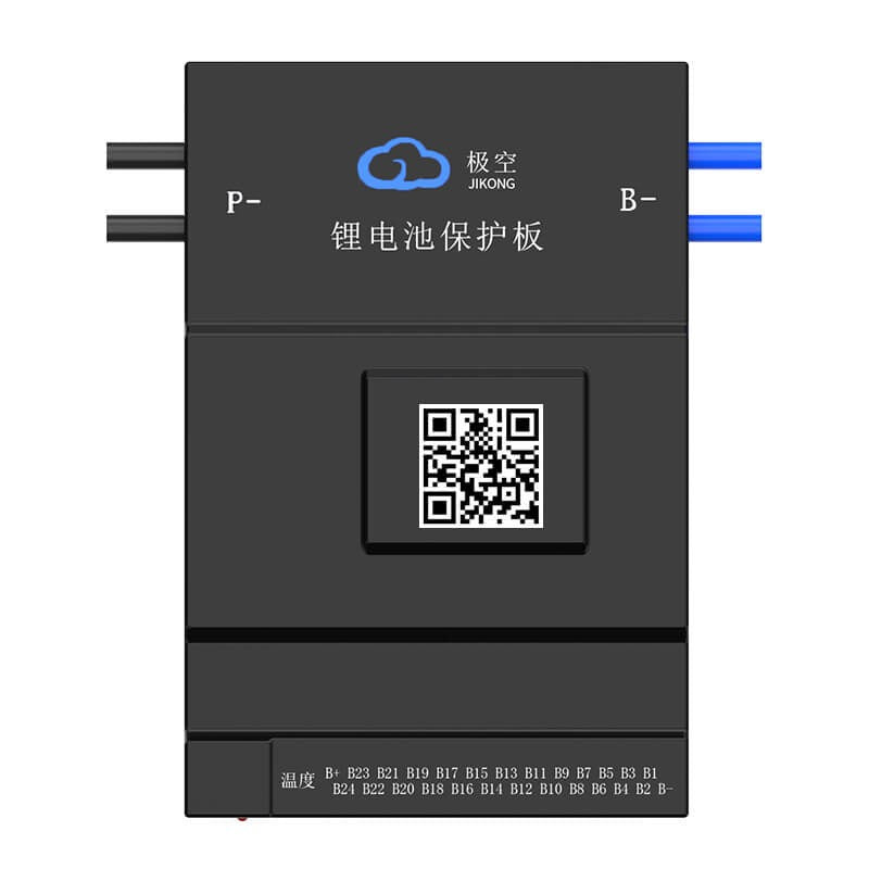 Jkbms BD6A20S10P 7s-20S Active Balance BMS Balance Current 0.6A Continuous Current 100A LiFePO4 Li-ion Lto Battery - a black rectangular battery protection board featuring a QR code, two blue wires on the right, and labeled pin connectors.