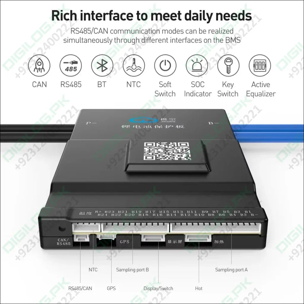 Jkbms BD6A24S15P 7s-24S Active Balance BMS Balance Current 0.6A Continuous Current 150A LiFePO4 Li-ion Lto Battery - a black rectangular battery management system with a QR code, labeled ports for CAN/RS485, GPS, display, and heating.
