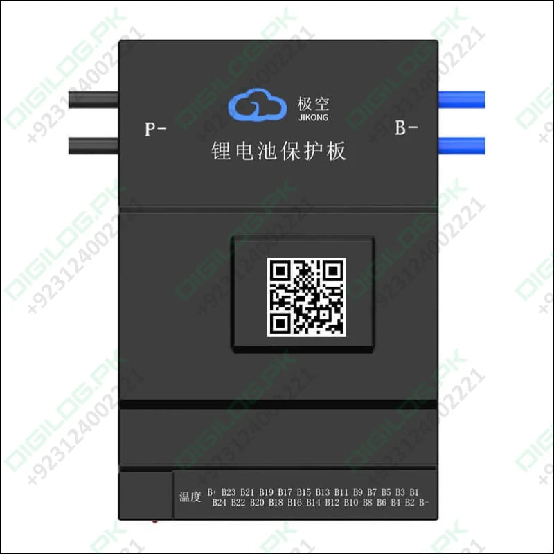 Jkbms BD6A24S15P 7s-24S Active Balance BMS Balance Current 0.6A Continuous Current 150A LiFePO4 Li-ion Lto Battery - a black rectangular battery management module with P- and B- ports, a QR code, and labeled B1-B24 battery connection pins.