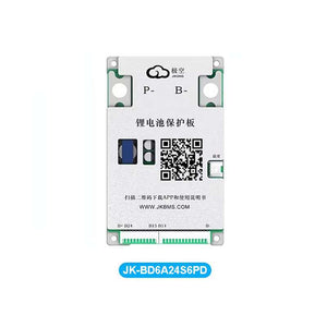 JKBMS JK-BD6A24S6PD Smart Active Balance BMS (8S-24S, 60A) — BT/Display - a rectangular silver lithium battery protection board featuring a QR code, port labels, and a multi-pin connector at the base.