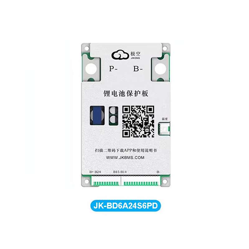 JKBMS JK-BD6A24S6PD Smart Active Balance BMS (8S-24S, 60A) — BT/Display - a rectangular silver lithium battery protection board featuring a QR code, port labels, and a multi-pin connector at the base.